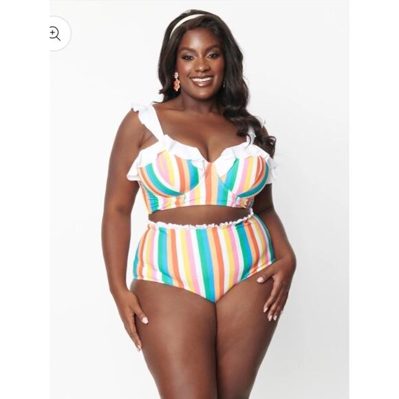 Unique Vintage Retro Rainbow Stripe High Waist Swim Bikini Bottom L NWOT - Picture 2 of 3
